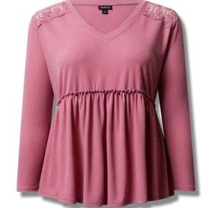 Torrid Knit V-Neck Lace Inset Long Sleeve Babydoll size 0